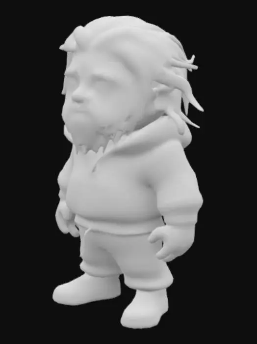 3D model for bearded man with surfer hoodie and sweats . aragorn hair and long beard. body built like Kratos - cartoon chibi style. Must not have anything in hand. 