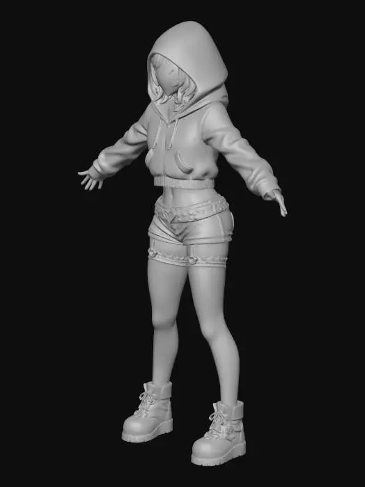 3D model for He’s an androgynous, goth-leaning femboy with a sharp, confident presence. The half-black, half-white mask is the main focus — it hides his face completely and gives him a mysterious, almost anti-hero feel. The hood pulled up adds to that closed-off, cool energy.

His outfit mixes soft and edgy really well:

A cropped black hoodie that shows a bit of midriff, making the silhouette slim and intentional rather than bulky

Short black shorts with a heart-shaped belt buckle, which adds a subtle cute contrast to the darker look

Thigh-high stockings with garter straps, leaning into classic femboy fashion

Heavy black boots that ground the whole outfit and keep it from feeling too delicate

Accessories like the choker and layered necklaces add detail without cluttering the look. His stance — arm