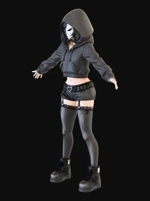 3D model for He’s an androgynous, goth-leaning femboy with a sharp, confident presence. The half-black, half-white mask is the main focus — it hides his face completely and gives him a mysterious, almost anti-hero feel. The hood pulled up adds to that closed-off, cool energy.

His outfit mixes soft and edgy really well:

A cropped black hoodie that shows a bit of midriff, making the silhouette slim and intentional rather than bulky

Short black shorts with a heart-shaped belt buckle, which adds a subtle cute contrast to the darker look

Thigh-high stockings with garter straps, leaning into classic femboy fashion

Heavy black boots that ground the whole outfit and keep it from feeling too delicate

Accessories like the choker and layered necklaces add detail without cluttering the look. His stance — arm