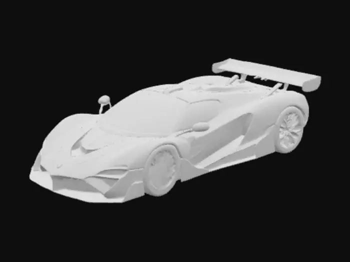 3D model for Design a high-detail 3D model of a luxury sports RC car inspired by Ferrari/Bugatti. Split the model into two printable parts: a sleek, aerodynamic top body (with curves, vents, lights) and a functional bottom chassis (with wheel arches, motor space, battery compartment). Scale should fit 1:10 or 1:12 RC cars. Add realistic car details like rear diffuser, side skirts, front splitter. Ensure smooth geometry, no thin walls, printable STL. Include mounting guides to attach top and bottom. Keep wheel wells open for RC tires.