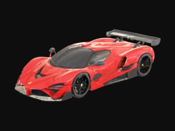 3D model for Design a high-detail 3D model of a luxury sports RC car inspired by Ferrari/Bugatti. Split the model into two printable parts: a sleek, aerodynamic top body (with curves, vents, lights) and a functional bottom chassis (with wheel arches, motor space, battery compartment). Scale should fit 1:10 or 1:12 RC cars. Add realistic car details like rear diffuser, side skirts, front splitter. Ensure smooth geometry, no thin walls, printable STL. Include mounting guides to attach top and bottom. Keep wheel wells open for RC tires.