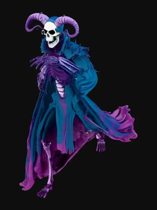 3D model for An eldritch zombie scarecrow, imbued with ancient horror movie magic, manifesting as a nightmarish 80s monster. Its form, built from petrified bone and hardened, shadowy sinew, pulsates with a sickly green, internal light. Dark, necrotic blues and purples tinge its desiccated hide, which feels unnervingly smooth yet cracked. Twisted, obsidian-like horns protrude from a skull-like head, and ragged, shadow-woven fabric drapes its impossibly elongated limbs.