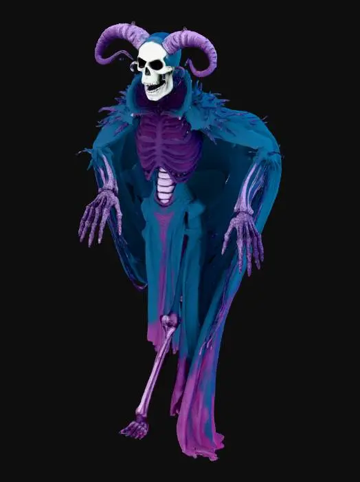 3D model for An eldritch zombie scarecrow, imbued with ancient horror movie magic, manifesting as a nightmarish 80s monster. Its form, built from petrified bone and hardened, shadowy sinew, pulsates with a sickly green, internal light. Dark, necrotic blues and purples tinge its desiccated hide, which feels unnervingly smooth yet cracked. Twisted, obsidian-like horns protrude from a skull-like head, and ragged, shadow-woven fabric drapes its impossibly elongated limbs.
