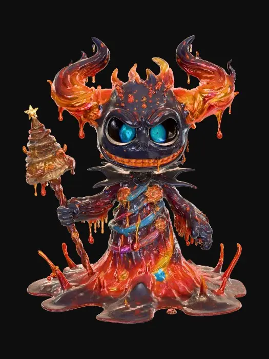 3D model for Chibi jack skellington in the shape of melting lava warrior , designed for a horror game, coloful, totem, strong, horns, sticky liquid with Christmas spirit, #Halloween2025#