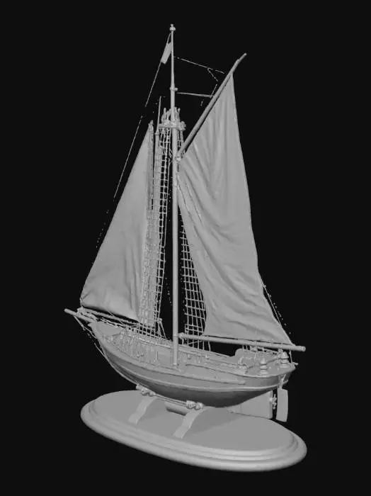 3D model for highly detailed 3D render of a traditional sailing ship with two sails, inspired by a vintage Malay or Chinese junk-style vessel. The entire hull and body are gold-plated, featuring realistic metallic reflections and intricate engraved details. The deck is made of polished natural wood with visible grain texture, contrasting beautifully with the gold. The white sails are slightly billowed, showing soft fabric folds. The ship is displayed in a luxurious showcase setting — on a smooth dark pedestal with soft, warm lighting that highlights the golden shine and wooden textures. The background is clean and minimal, resembling a museum or collector’s display