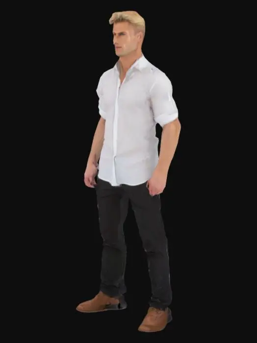 3D model for Un hombre de 180 cm de altura, vestido con camisa blanca y pantalon negro estilo ejecutivo, musculoso pero delgado, caucasico, cabello rubio, con las manos visibles