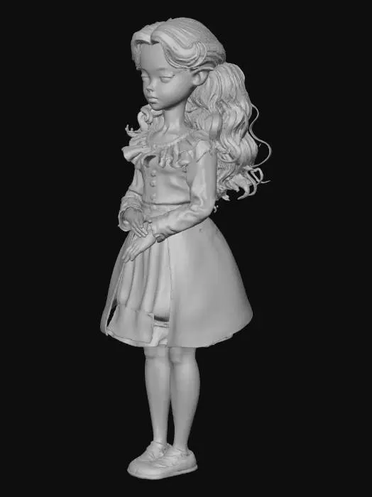 3D model for A very pale ball-jointed vampire doll with black, curly hair and dressed in a black and very dark red Victorian era dress lies on its back with her eyes closed and her arms crossed over her chest. Veins have been painted along the visible parts of the doll's skin to emphasize how pale she is. Her ears are slightly pointed. Her fingernails are just long enough to look like claws. She wears subtle makeup.