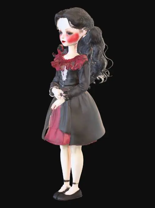 3D model for A very pale ball-jointed vampire doll with black, curly hair and dressed in a black and very dark red Victorian era dress lies on its back with her eyes closed and her arms crossed over her chest. Veins have been painted along the visible parts of the doll's skin to emphasize how pale she is. Her ears are slightly pointed. Her fingernails are just long enough to look like claws. She wears subtle makeup.