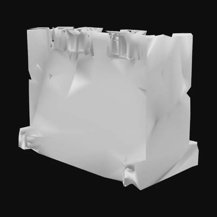 3D model for A massive, ancient dam looming across a narrow, haunted gorge. The dam is rotting—its concrete blackened, cracked, and slick with moisture. Strange, dark stains seep from its surface. Gigantic rusted spillway gates groan in the wind, barely holding back a foul, stagnant reservoir. Eerie red lights glow faintly through the fog at the dam’s crown. The air is heavy and still, broken only by the sound of unseen chains clinking deep inside the dam’s hollow structure. Deep, unnatural scratches are etched into the walls, and occult symbols are carved into the stone. Black water trickles from unseen cracks, and something seems to move behind the broken grates and maintenance hatches. A cursed monument of forgotten engineering—silent, watching, alive.