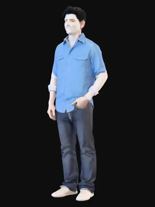 3D model for I want a man wearing blue shirt and white skin color with black hair and jeans
