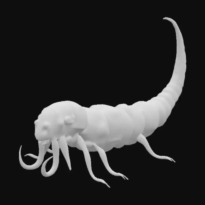 3D model for cybernetic parasite worm matrix navel bug like phalic long tail four tentacles no legs no mouth no antenna phalic head tiny eyes red eyes pale green