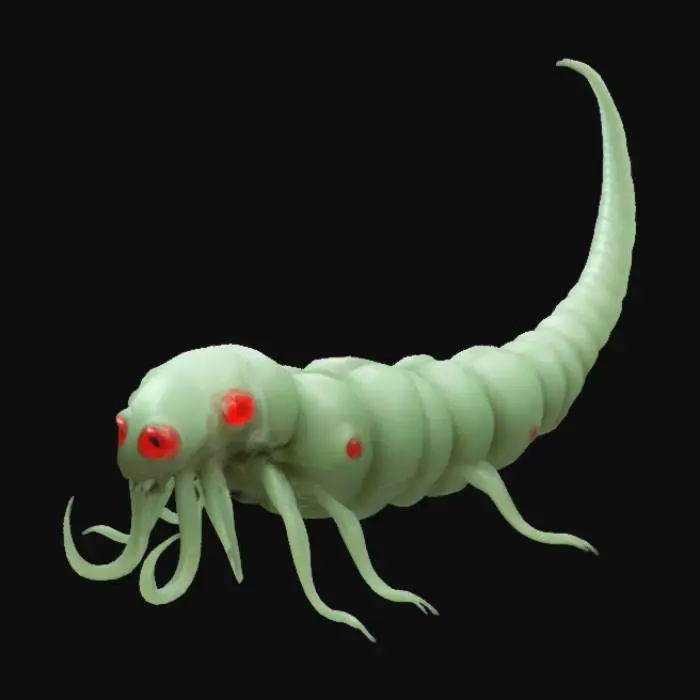 3D model for cybernetic parasite worm matrix navel bug like phalic long tail four tentacles no legs no mouth no antenna phalic head tiny eyes red eyes pale green