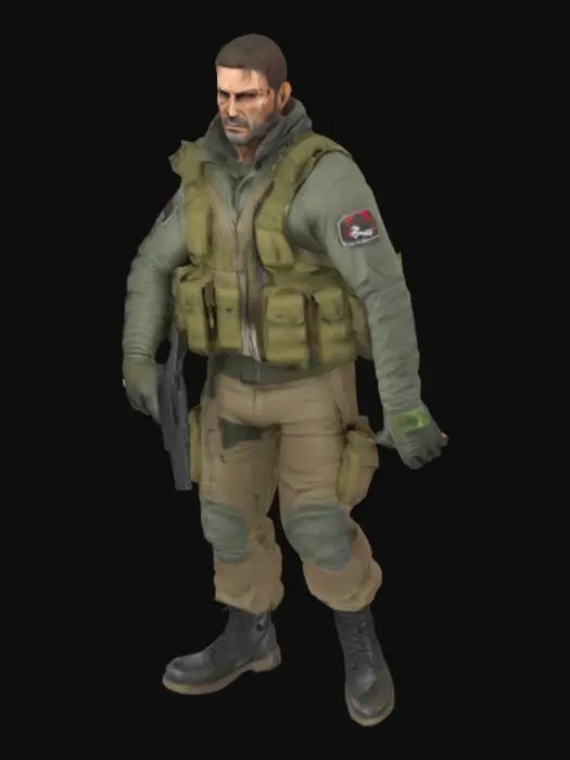 3D model for Create a realistic Cold War-era special forces soldier inspired by Solid Snake and Big Boss. He wears a worn olive drab camo uniform, tactical vest with pouches, utility belt with knife sheath, grenades, and a sidearm holster. Include fingerless gloves, black boots, a bandana tied around the forehead, and a radio clipped to his vest. His face is rugged, with light stubble, scars, and a stern expression. Gear should show dirt and battle wear. No futuristic or sci-fi elements—keep all equipment era-accurate and grounded in 1960s–1980s military realism.
