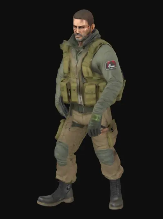3D model for Create a realistic Cold War-era special forces soldier inspired by Solid Snake and Big Boss. He wears a worn olive drab camo uniform, tactical vest with pouches, utility belt with knife sheath, grenades, and a sidearm holster. Include fingerless gloves, black boots, a bandana tied around the forehead, and a radio clipped to his vest. His face is rugged, with light stubble, scars, and a stern expression. Gear should show dirt and battle wear. No futuristic or sci-fi elements—keep all equipment era-accurate and grounded in 1960s–1980s military realism.