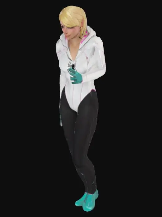3D model for Create a detailed 3D model of Gwen Stacy as Spider-Woman from Spider-Man: Into the Spider-Verse in a T-pose. She should have her signature look: short blonde hair with an undercut on one side, wearing her white hooded suit with pink and turquoise web patterns under the arms, black legs, and teal ballet shoes. The hood should be down, not covering her head. Her build should be athletic but lean, reflecting an agile teenage superhero. The model must be stylized like in the animated movie with slight comic-inspired shading, but realistic enough for 3D animation. No weapons, no background, neutral facial expression. Fully textured with clean topology, ready for rigging.