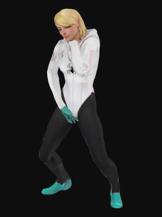 3D model for Create a detailed 3D model of Gwen Stacy as Spider-Woman from Spider-Man: Into the Spider-Verse in a T-pose. She should have her signature look: short blonde hair with an undercut on one side, wearing her white hooded suit with pink and turquoise web patterns under the arms, black legs, and teal ballet shoes. The hood should be down, not covering her head. Her build should be athletic but lean, reflecting an agile teenage superhero. The model must be stylized like in the animated movie with slight comic-inspired shading, but realistic enough for 3D animation. No weapons, no background, neutral facial expression. Fully textured with clean topology, ready for rigging.