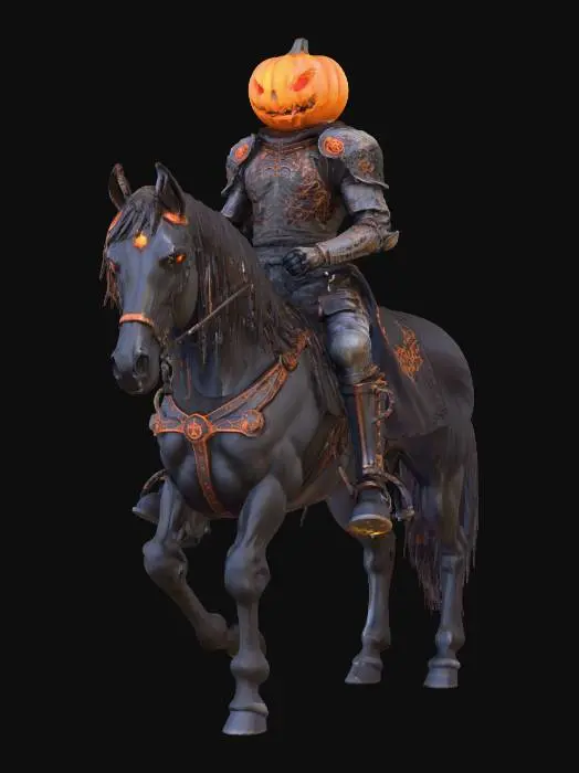 3D model for Fantasy Headless Horseman with a Scary Jack O Lantern Fantasy Head and Halloween Aesthetics ornate fantasy Halloween armor with flying bats. The horse should be part skeleton with dark fantasy horse armor. Skeleton horse legs and skull head with glowing orange eyes. scary horror aesthetic. #Halloween2025#