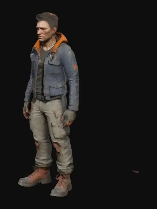3D model for Create a fully rigged 3D character for a post-apocalyptic survival game with semi-realistic graphics inspired by State of Decay 2. The character is a rugged survivor with a lean build, short unkempt hair, and a weathered face showing scars and dirt. Dressed in modular, torn clothing (jacket, cargo pants, scuffed boots), with accessories like a backpack, utility belt, and bandana. Optimized for Unreal Engine 5, with clean topology, 2K textures, and compatible with humanoid skeletons for animation