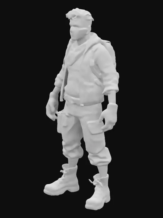 3D model for Create a fully rigged 3D character for a post-apocalyptic survival game with semi-realistic graphics inspired by State of Decay 2. The character is a rugged survivor with a lean build, short unkempt hair, and a weathered face showing scars and dirt. Dressed in modular, torn clothing (jacket, cargo pants, scuffed boots), with accessories like a backpack, utility belt, and bandana. Optimized for Unreal Engine 5, with clean topology, 2K textures, and compatible with humanoid skeletons for animation