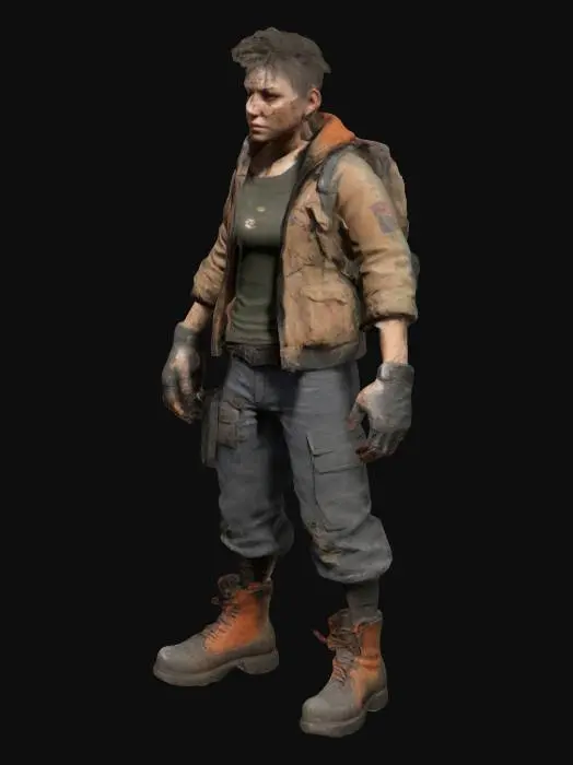 3D model for Create a fully rigged 3D character for a post-apocalyptic survival game with semi-realistic graphics inspired by State of Decay 2. The character is a rugged survivor with a lean build, short unkempt hair, and a weathered face showing scars and dirt. Dressed in modular, torn clothing (jacket, cargo pants, scuffed boots), with accessories like a backpack, utility belt, and bandana. Optimized for Unreal Engine 5, with clean topology, 2K textures, and compatible with humanoid skeletons for animation