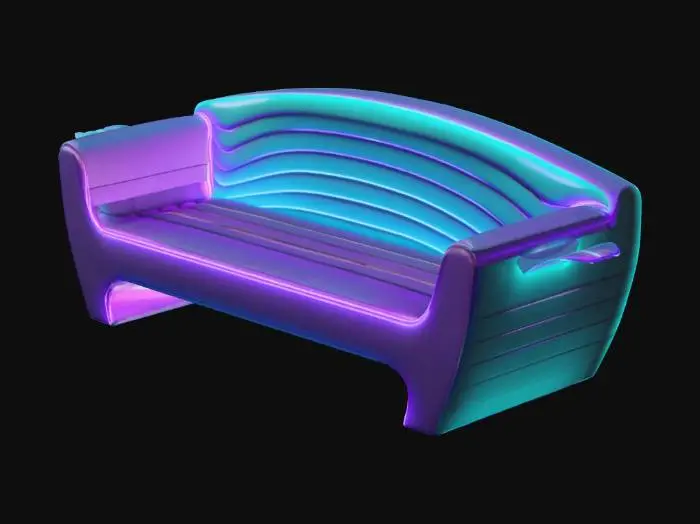 3D model for Low poly modern cafe bench, smooth curves, illuminated with soft purple and teal neon lighting, stylized 3D model, Roblox style.
