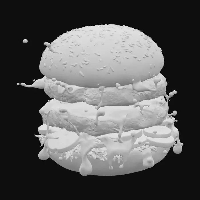 3D model for Photorealistic gourmet double cheeseburger, hero shot, dynamic action, studio lighting. Two thick, juicy, perfectly seared beef patties. Vibrant, molten orange cheddar cheese is dripping and splashing dramatically off the sides. Stacked with crisp green lettuce, thick slices of ripe red tomato, and pickle chips. The toasted sesame seed bun is glossy and golden-brown. Isolated on a simple, clean background.