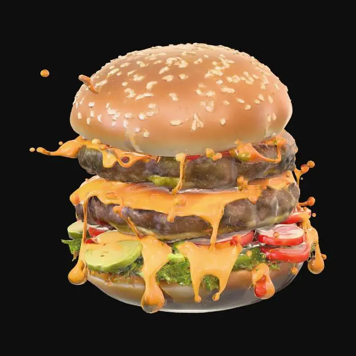 3D model for Photorealistic gourmet double cheeseburger, hero shot, dynamic action, studio lighting. Two thick, juicy, perfectly seared beef patties. Vibrant, molten orange cheddar cheese is dripping and splashing dramatically off the sides. Stacked with crisp green lettuce, thick slices of ripe red tomato, and pickle chips. The toasted sesame seed bun is glossy and golden-brown. Isolated on a simple, clean background.