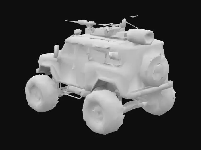 3D model for Post-apocalyptic vehicle with armored plates, rusty metal, spikes, broken windows, large rugged tires, makeshift weapons mounted on top, graffiti and worn paint, desert survival gear on the back, overall Mad Max vibe, realistic style, cinematic lighting, 4K texture detail