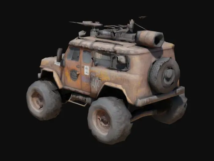 3D model for Post-apocalyptic vehicle with armored plates, rusty metal, spikes, broken windows, large rugged tires, makeshift weapons mounted on top, graffiti and worn paint, desert survival gear on the back, overall Mad Max vibe, realistic style, cinematic lighting, 4K texture detail