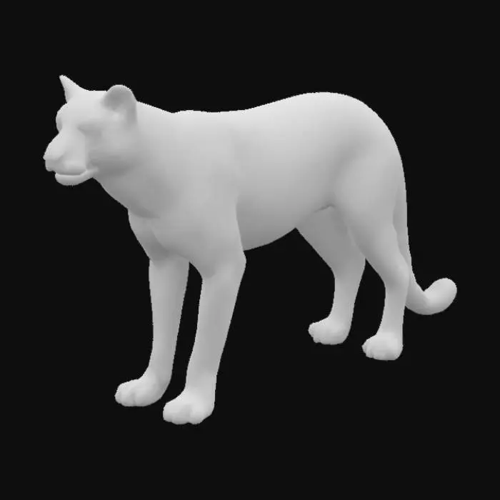 3D model for Realistic adult cougar (mountain lion) in a neutral standing pose. Muscular body, short sandy-brown fur with pale underbelly, small rounded ears, long curved tail hanging naturally. Amber eyes, strong paws, defined muscles, and slight fur texture. No stylization, no cartoon features. Proportions should be natural and accurate. Separated limbs and tail for rigging. No environment, no accessories.