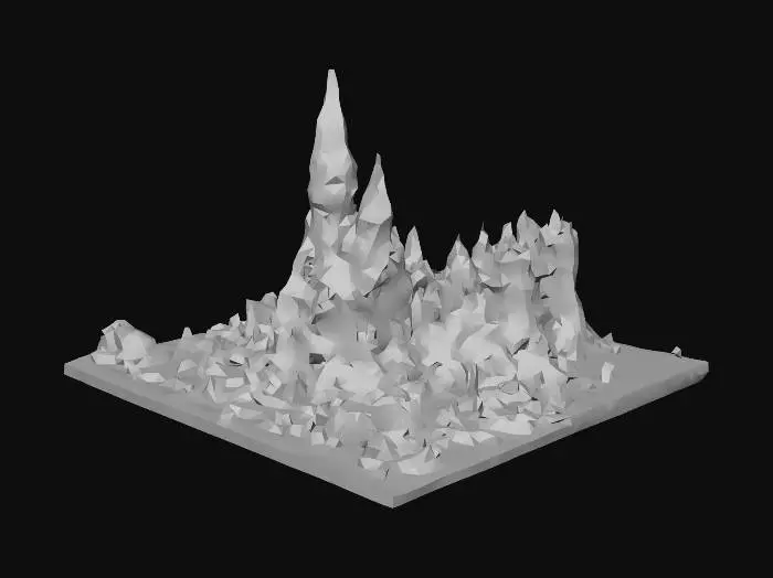 3D model for A diorama of a fantasy castle set in steep snow-capped mountains, lush forests and farmland below, with a river winding through the scene.