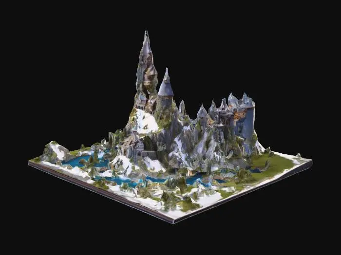3D model for A diorama of a fantasy castle set in steep snow-capped mountains, lush forests and farmland below, with a river winding through the scene.