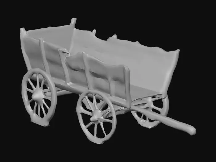 3D model for A derelict wooden cart, its aged timber frame warped and splintered, with faded, peeling brown paint. Rusted iron bands cling to decaying wheels, several spokes broken or missing. The structure is heavily tilted, one side collapsed, revealing rough, weathered textures and deep cracks, suggesting fragility and years of neglect.