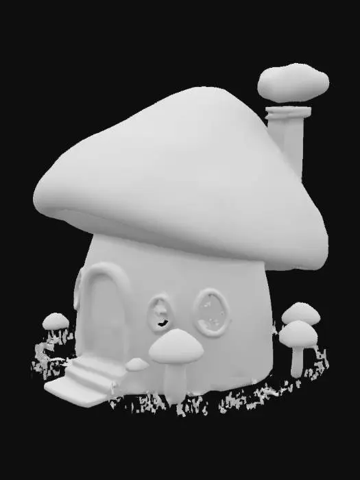 3D model for A fantasy giant red and white spotted toadstool house. It has a wooden door and windows, and a chimney on the top. 