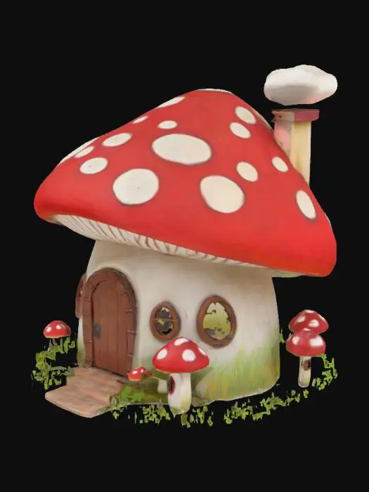 3D model for A fantasy giant red and white spotted toadstool house. It has a wooden door and windows, and a chimney on the top. 