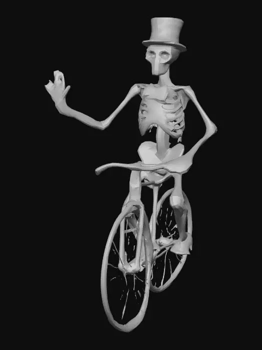 3D model for A cheerful skeleton riding a victorian penny farthing and waving with one hand