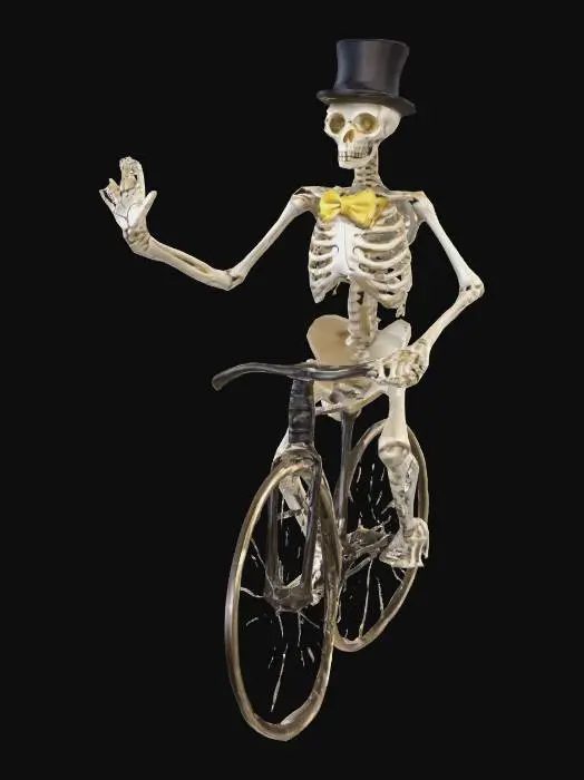 3D model for A cheerful skeleton riding a victorian penny farthing and waving with one hand