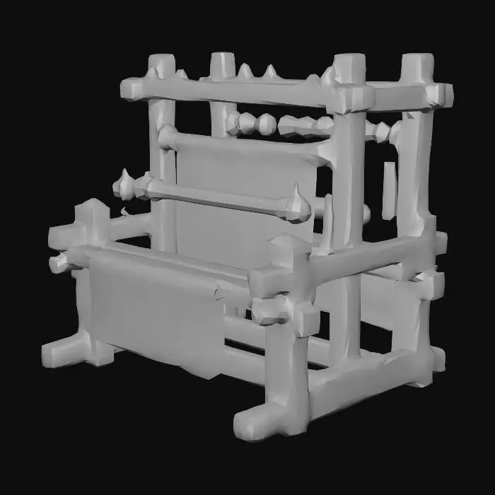3D model for medieval weaving being made on a loom frame with bobbins