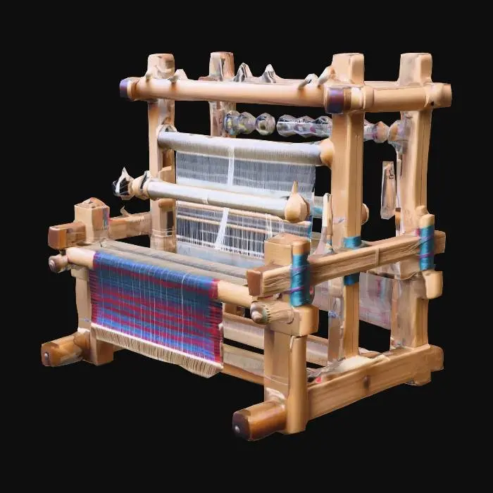 3D model for medieval weaving being made on a loom frame with bobbins