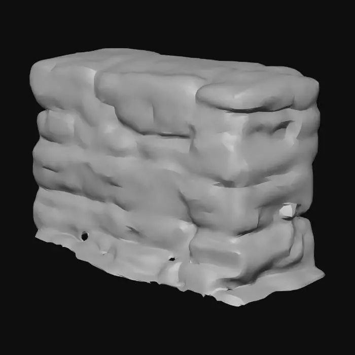 3D model for A rugged, dry stone wall, intricately stacked with irregularly shaped, weathered grey and brown stones. Patches of vibrant green, soft moss densely cover its rough, porous surfaces, clinging to crevices and edges, imparting a damp, earthy texture. The wall appears ancient and solid, with a varied, naturalistic finish.