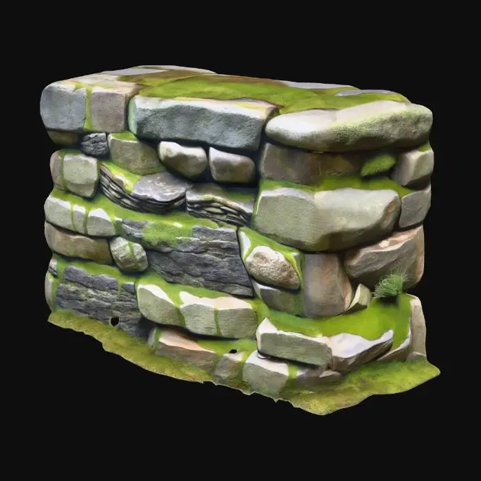 3D model for A rugged, dry stone wall, intricately stacked with irregularly shaped, weathered grey and brown stones. Patches of vibrant green, soft moss densely cover its rough, porous surfaces, clinging to crevices and edges, imparting a damp, earthy texture. The wall appears ancient and solid, with a varied, naturalistic finish.