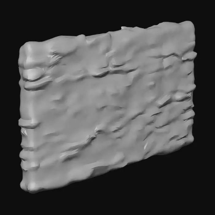 3D model for A rugged, dry stone wall, intricately stacked with irregularly shaped, weathered grey and brown stones. Patches of vibrant green, soft moss densely cover its rough, porous surfaces, clinging to crevices and edges, imparting a damp, earthy texture. The wall appears ancient and solid, with a varied, naturalistic finish.