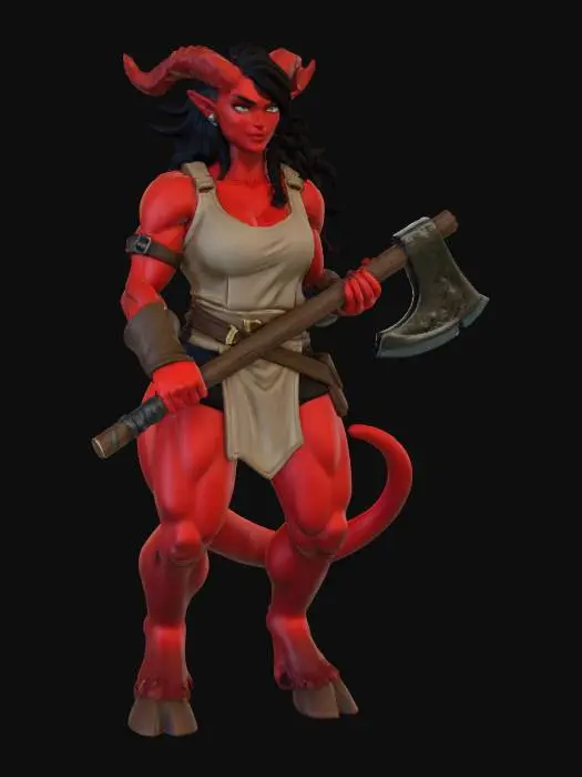 3D model for Female tiefling barbarian miniature for 32 mm heroic-scale 3D printing.
Muscular, athletic build with exaggerated, readable anatomy and strong legs. Thick thighs and defined calves emphasized.

Red skin, curved ram-like horns swept back, pointed ears, long black hair, confident expression. Tail curves close to body for support.

Sleeveless rough tunic and very short, tight hot-pants exposing most of the thighs. Do NOT generate long or knee-length shorts. Broad shoulders, muscular arms.

Leather bracers and belt. Hooved feet.

Large solid battle axe with thick haft and heavy blade. Stable standing pose. No base.

Clean fantasy miniature style, strong silhouette, thickened details, optimized for STL export and painting.