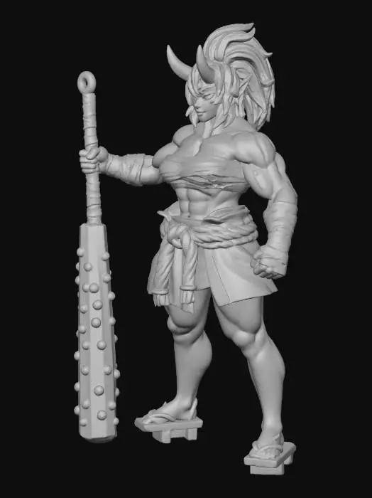 3D model for Large female oni barbarian miniature for 32 mm heroic-scale 3D printing, scaled slightly larger than standard to reflect her massive oni stature. Muscular, powerful build with exaggerated anatomy, broad shoulders, thick arms, and a clearly defined exposed abdomen. Red skin, two prominent forward-curving oni horns fully visible, sharp eyes, confident feral expression. Long white hair tied in a high ponytail, fully visible from all angles. Bare shoulders and midriff. Heavy cloth waist wrap and short battle skirt only. Wooden geta sandals on feet. Wields a massive two-handed oni kanabo club with thick studs, held confidently. Stable grounded pose, clean fantasy miniature style, strong silhouette, thickened details, optimized for resin printing, no base.
