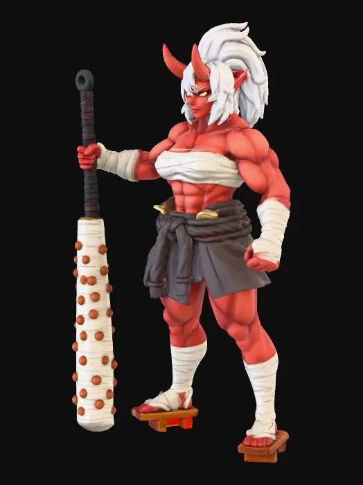 3D model for Large female oni barbarian miniature for 32 mm heroic-scale 3D printing, scaled slightly larger than standard to reflect her massive oni stature. Muscular, powerful build with exaggerated anatomy, broad shoulders, thick arms, and a clearly defined exposed abdomen. Red skin, two prominent forward-curving oni horns fully visible, sharp eyes, confident feral expression. Long white hair tied in a high ponytail, fully visible from all angles. Bare shoulders and midriff. Heavy cloth waist wrap and short battle skirt only. Wooden geta sandals on feet. Wields a massive two-handed oni kanabo club with thick studs, held confidently. Stable grounded pose, clean fantasy miniature style, strong silhouette, thickened details, optimized for resin printing, no base.