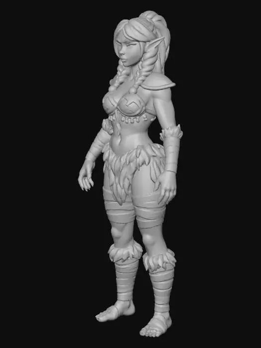 3D model for Female drow druid miniature for 32 mm heroic-scale 3D printing. Underdark-themed dark elf with grey-green skin, white hair in twin braids, sharp ears, calm predatory expression. Athletic, agile build with readable anatomy. Fur-trimmed leather clothing: fitted bodice, short fur skirt, bare thighs, wrapped forearms and calves, animal-hide textures throughout. No armor plates. Natural, grounded standing pose. Hands empty. NO weapons. NO spell effects. Clean fantasy miniature style, strong silhouette, thickened details, optimized for resin printing. No base.