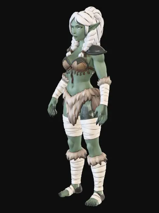 3D model for Female drow druid miniature for 32 mm heroic-scale 3D printing. Underdark-themed dark elf with grey-green skin, white hair in twin braids, sharp ears, calm predatory expression. Athletic, agile build with readable anatomy. Fur-trimmed leather clothing: fitted bodice, short fur skirt, bare thighs, wrapped forearms and calves, animal-hide textures throughout. No armor plates. Natural, grounded standing pose. Hands empty. NO weapons. NO spell effects. Clean fantasy miniature style, strong silhouette, thickened details, optimized for resin printing. No base.
