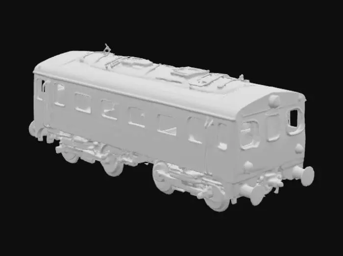 3D model for Un tren es una estructura alargada y segmentada, compuesta por vagones conectados que descansan sobre ruedas metálicas. Su carrocería principal es de metal resistente, a menudo acero pulido o pintado en tonos sólidos como el azul oscuro, gris o rojo. La superficie es lisa y fría al tacto, con ventanas rectangulares de vidrio brillante que salpican los lados. Las ruedas son de acero macizo, grandes y robustas, y los acoplamientos entre vagones son de metal grueso y pesado, confiriéndole una presencia imponente y funcional.