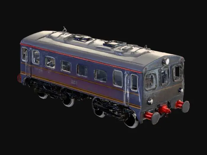 3D model for Un tren es una estructura alargada y segmentada, compuesta por vagones conectados que descansan sobre ruedas metálicas. Su carrocería principal es de metal resistente, a menudo acero pulido o pintado en tonos sólidos como el azul oscuro, gris o rojo. La superficie es lisa y fría al tacto, con ventanas rectangulares de vidrio brillante que salpican los lados. Las ruedas son de acero macizo, grandes y robustas, y los acoplamientos entre vagones son de metal grueso y pesado, confiriéndole una presencia imponente y funcional.