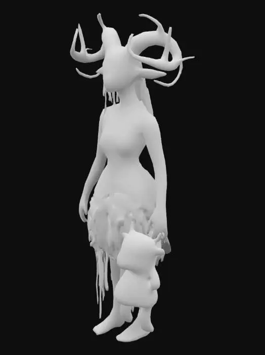 3D model for Realistic, moss-covered wendigo, wearing a backless dress,  warm tone, with a plushie accessory 